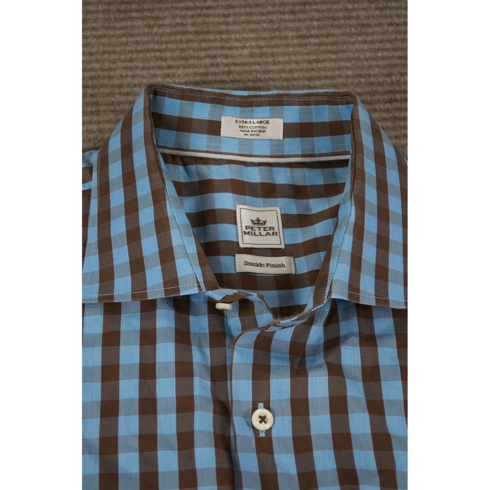 Peter Millar Baby Blue Brown Gingham Button Up XL - Picture 4 of 8